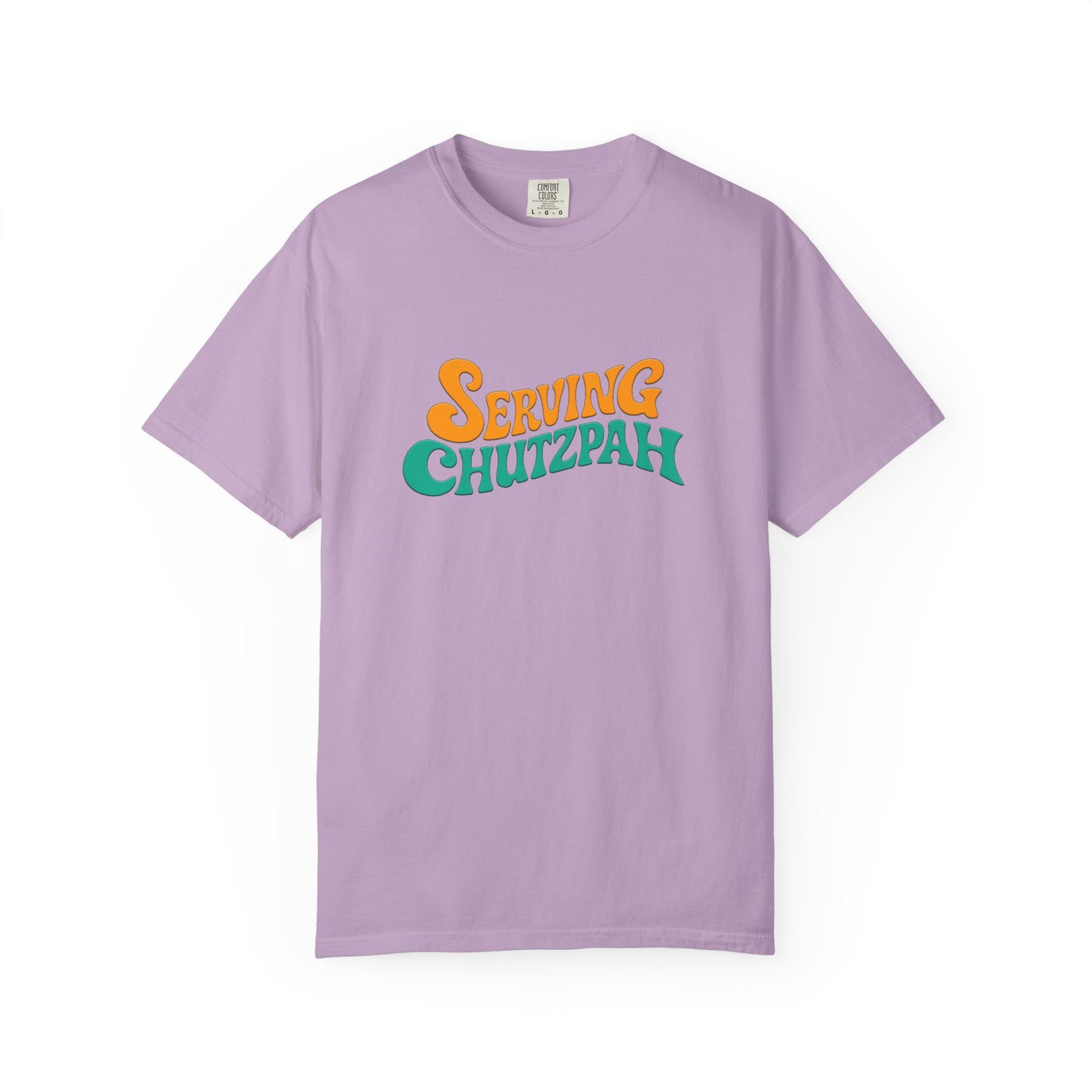 Lavender t-shirt with 'Serving Chutzpah' text on a white background