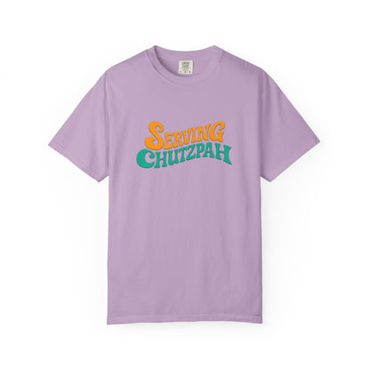 Lavender t-shirt with 'Serving Chutzpah' text on a white background