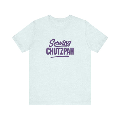 Ice Blue t-shirt with purple text 'Serving Chutzpah' on a white background