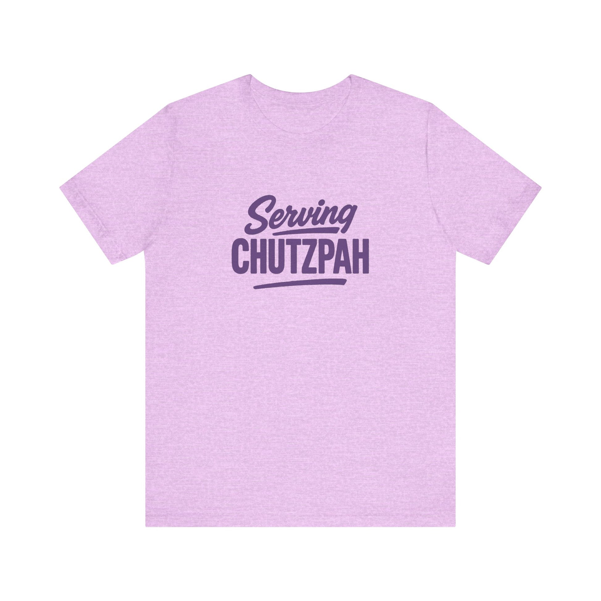 Purple t-shirt with 'Serving Chutzpah' text on a white background