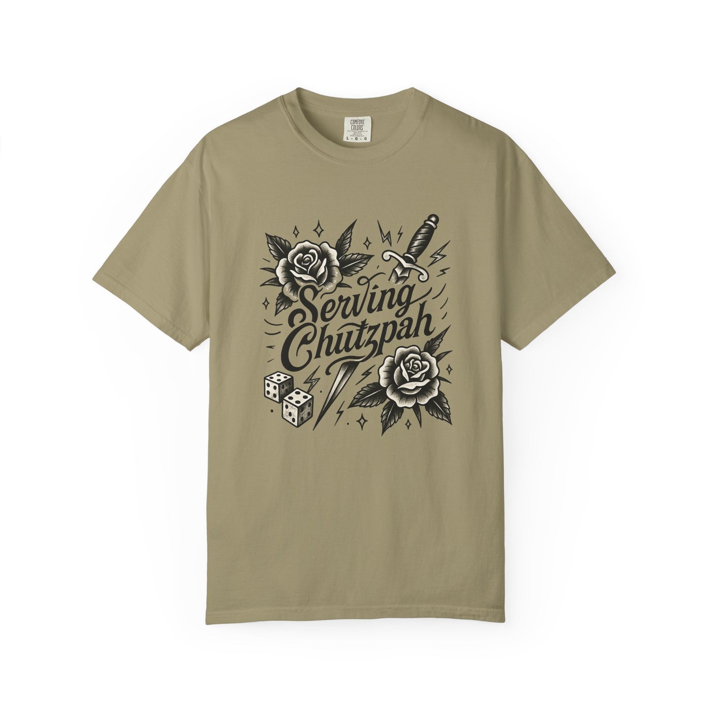 Beige t-shirt with black graphic design and text on a white background