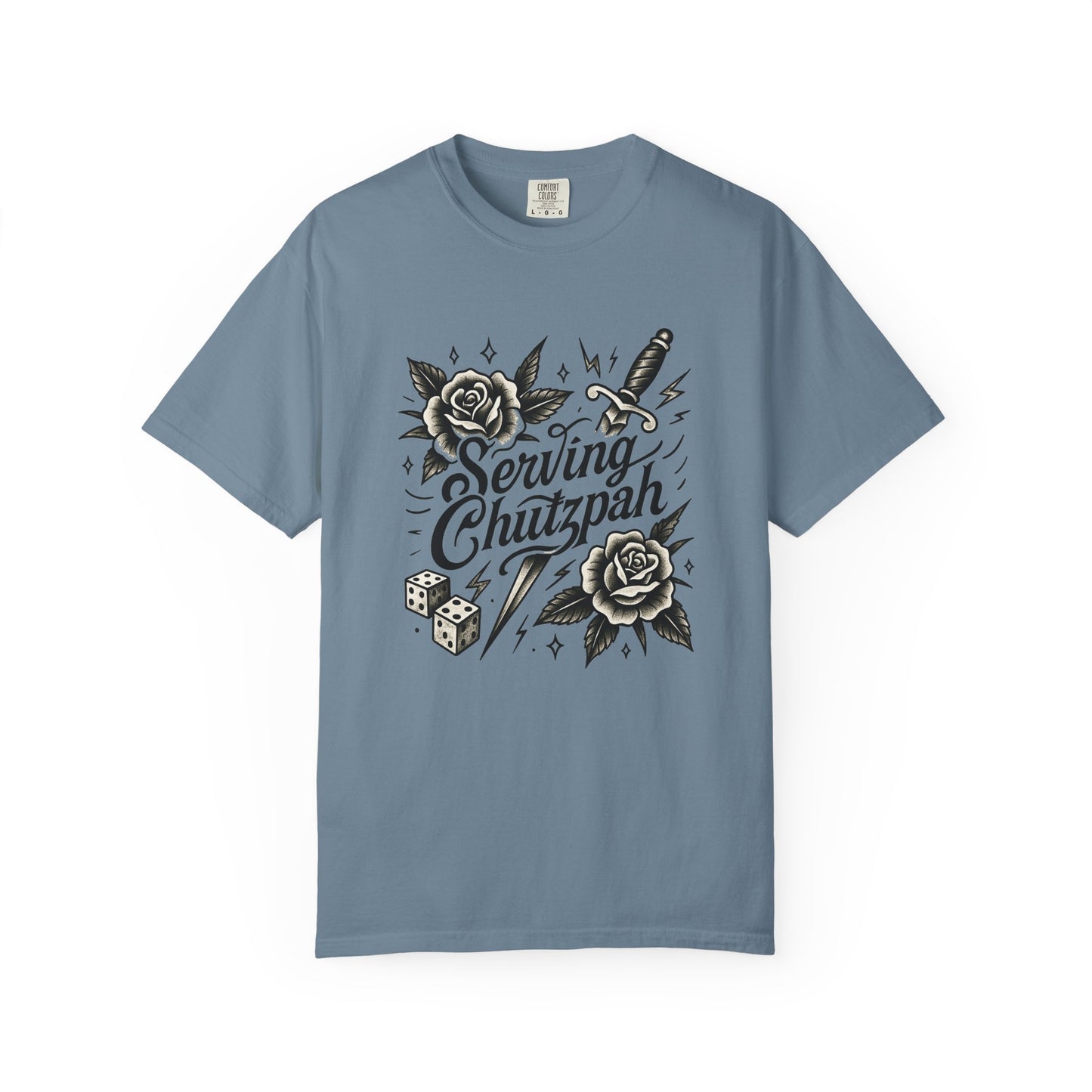 Blue t-shirt with graphic design and text on a white background
