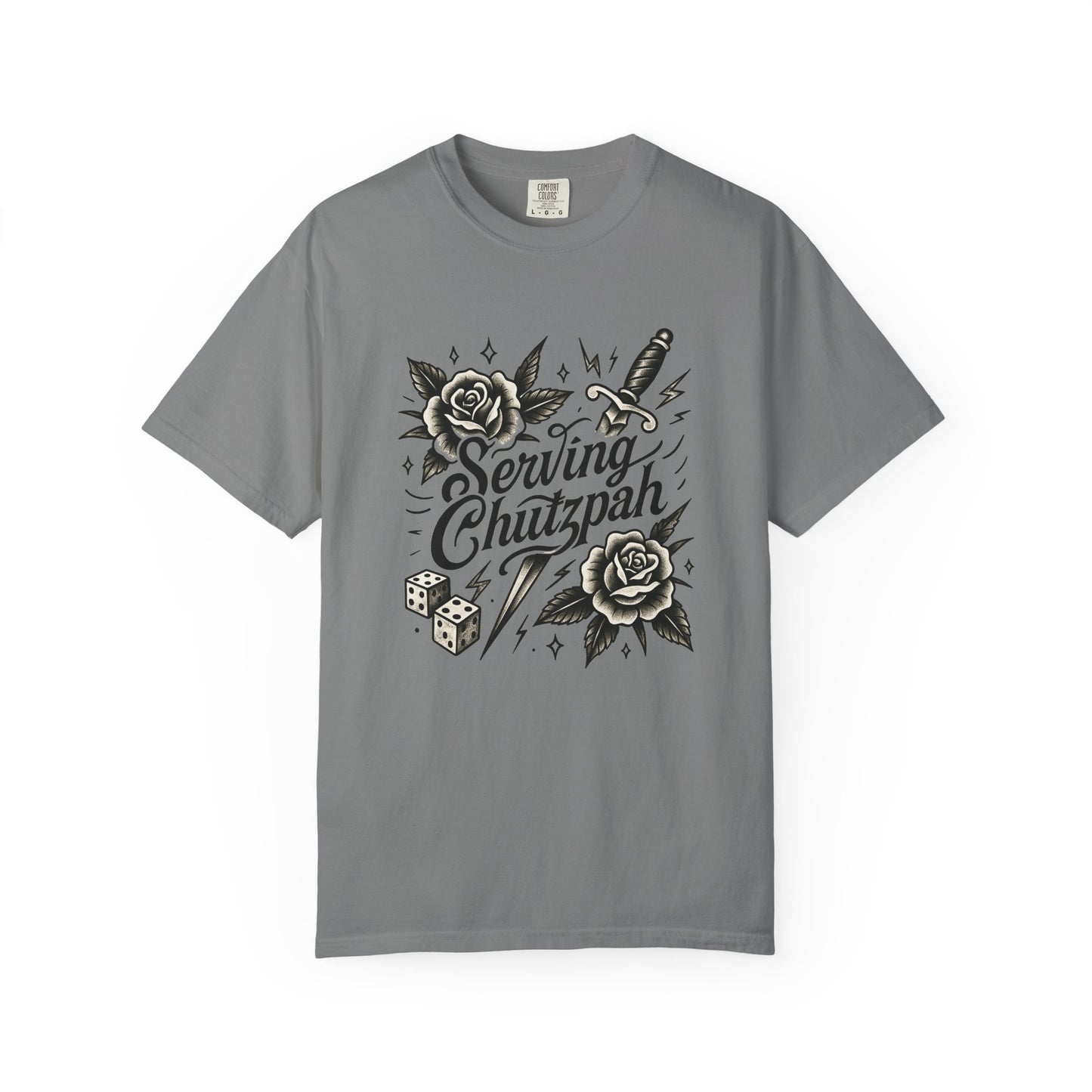 Gray t-shirt with black graphic design and text on a white background