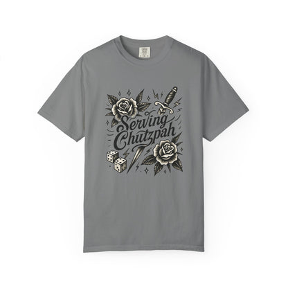 Gray t-shirt with black graphic design and text on a white background