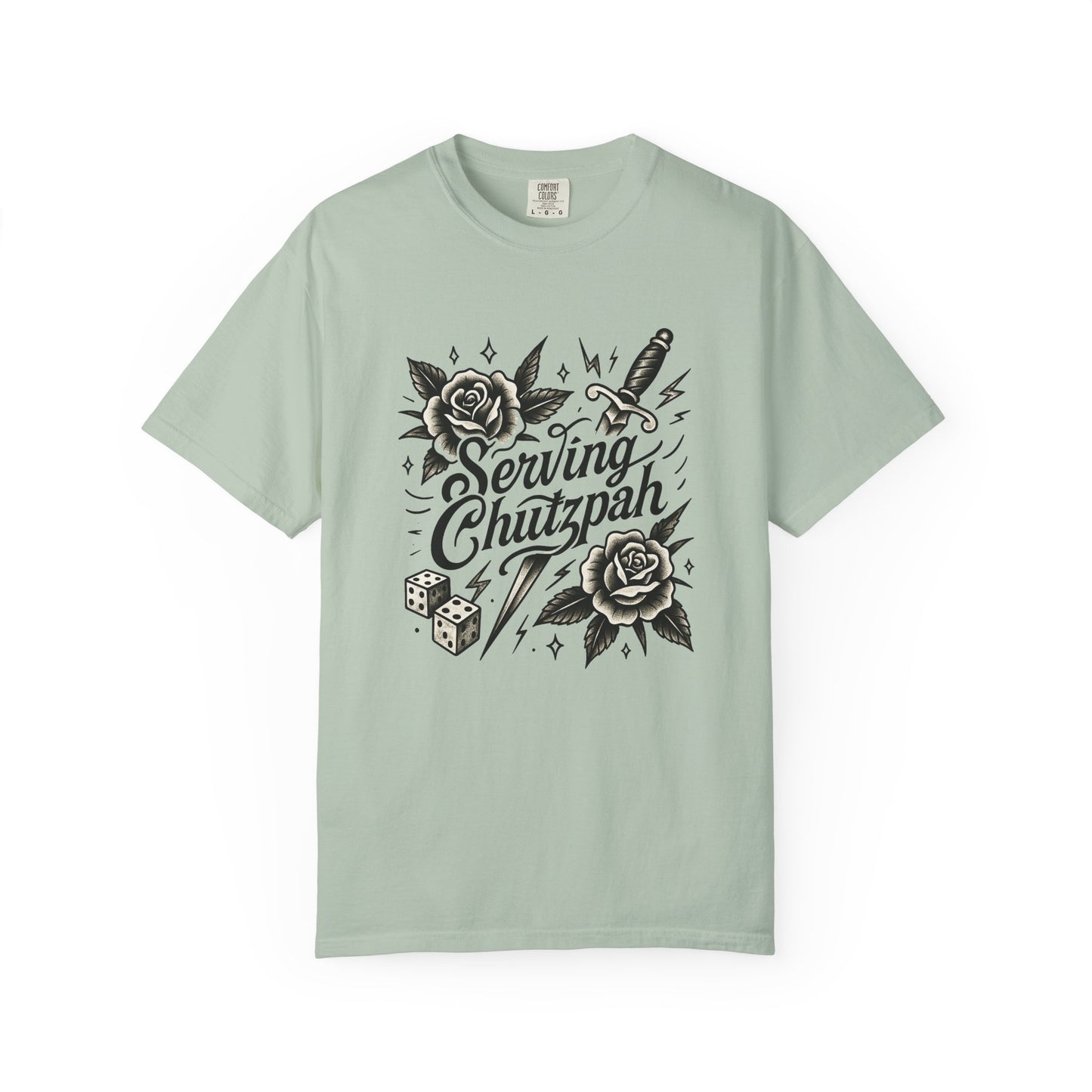 Mint green t-shirt with black graphic design on a white background