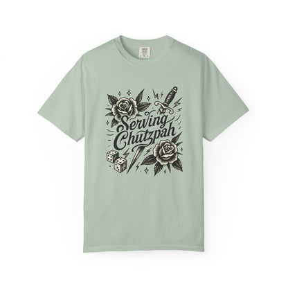 Mint green t-shirt with black graphic design on a white background