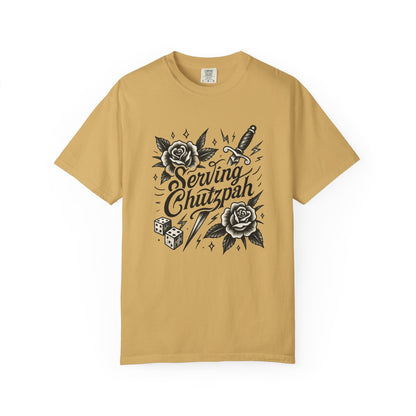 Mustard t-shirt with black graphic design and text on a white background