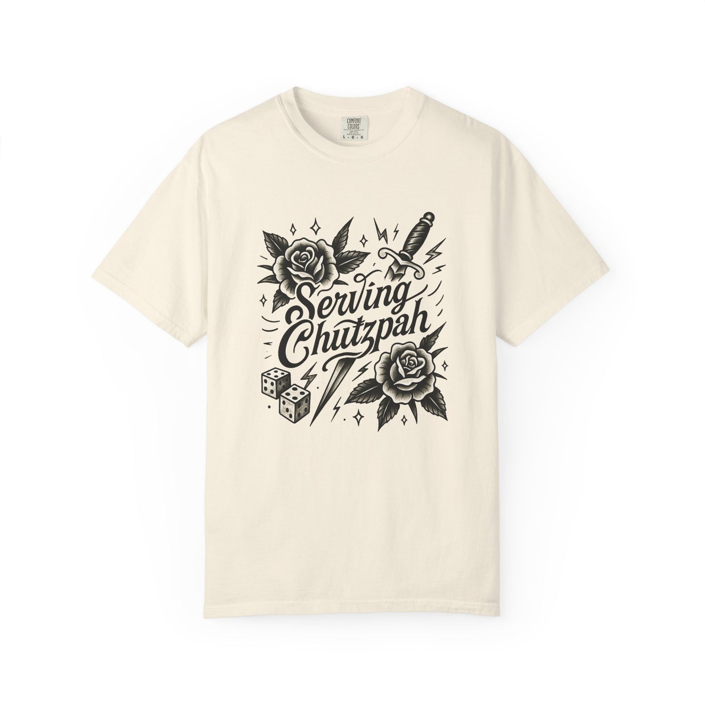 Natural t-shirt with black graphic design on a white background