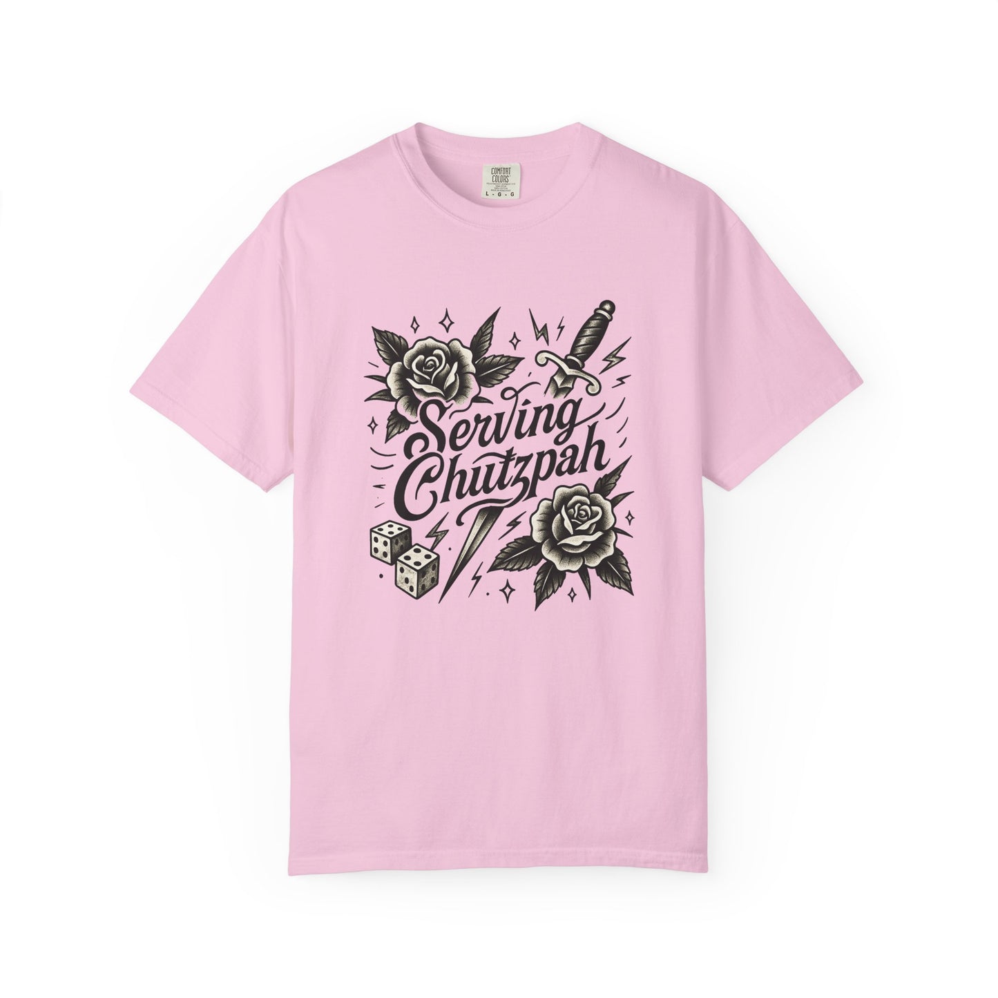 Pink t-shirt with black graphic design and text on a white background