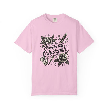 Pink t-shirt with black graphic design and text on a white background