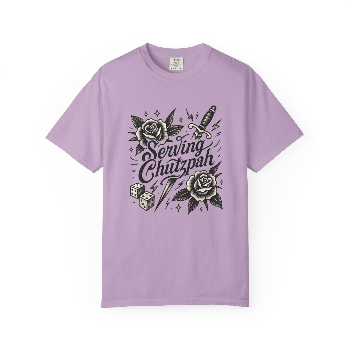 Purple t-shirt with black graphic design and text on a white background