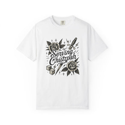 White t-shirt with black graphic design and text on a white background