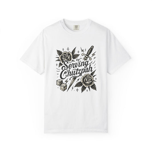White t-shirt with black graphic design and text on a white background