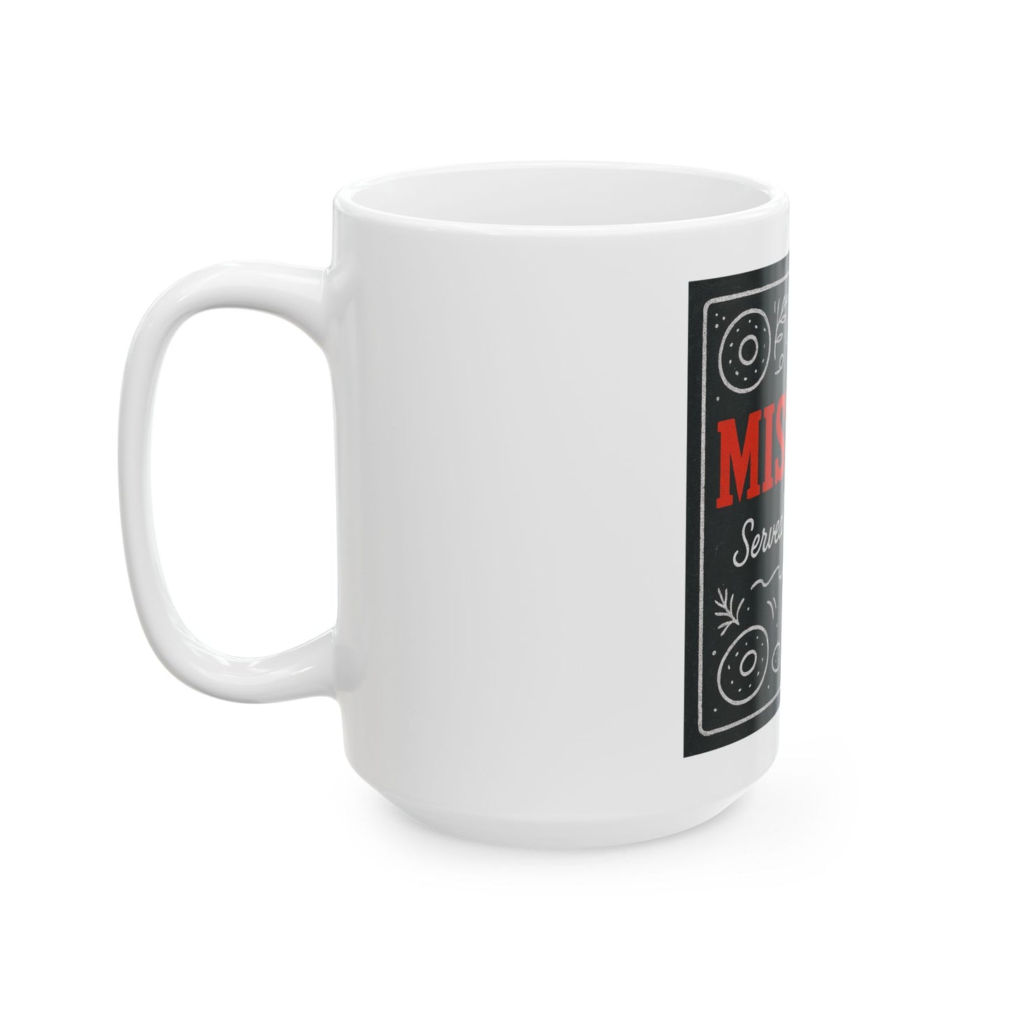 White mug with a black and red label on a white background