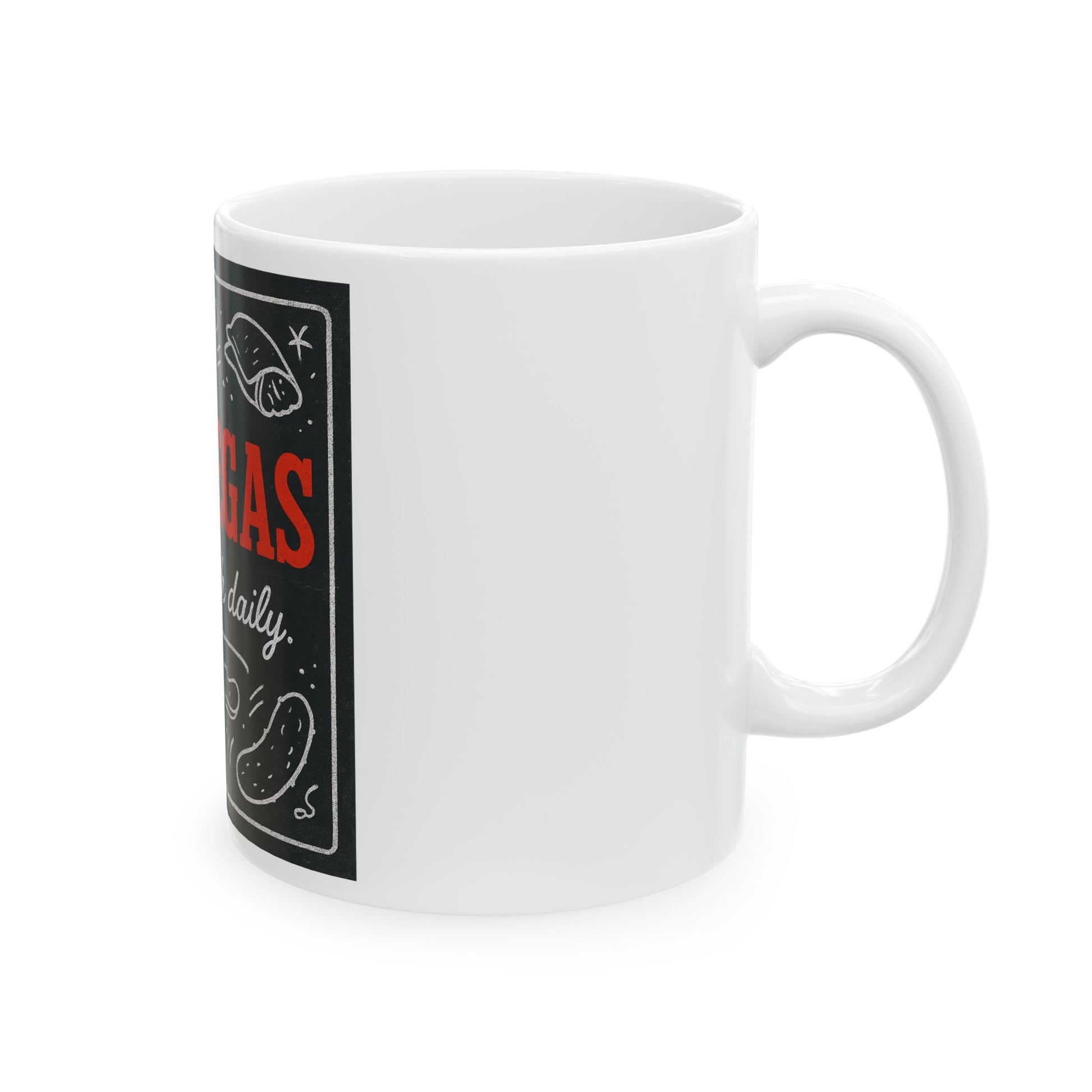 White mug with a black label featuring text and graphics on a white background