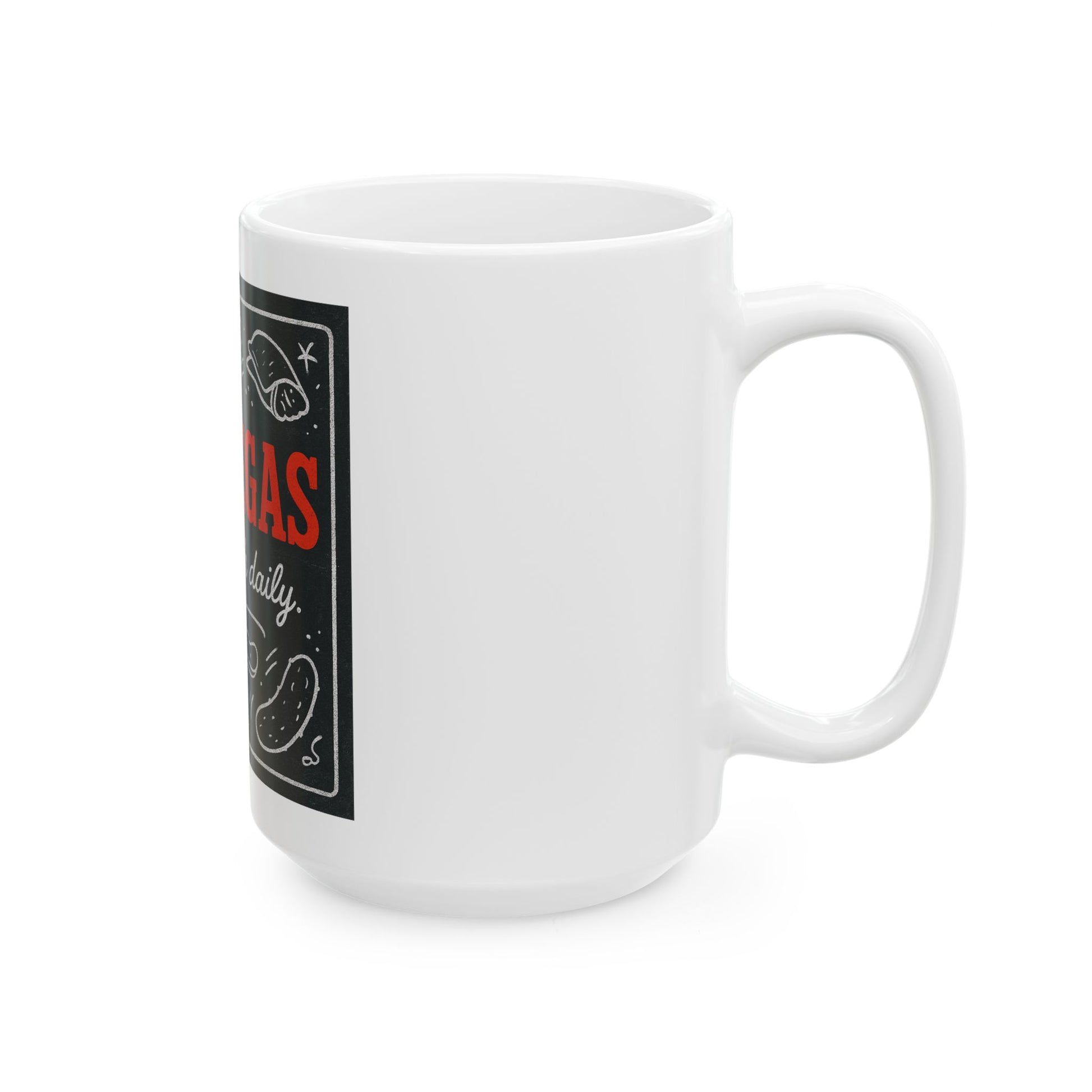 White mug with a black label featuring text and graphics on a white background