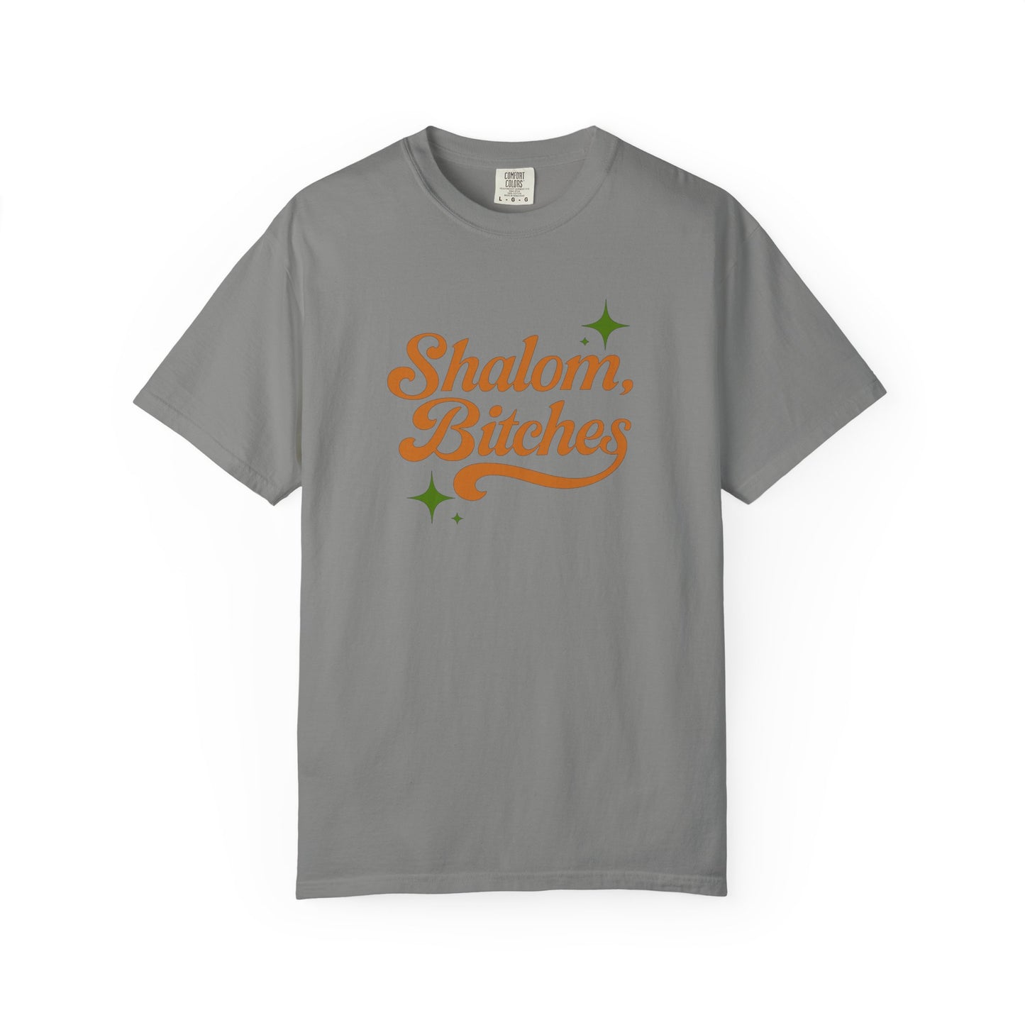 Pepper t-shirt with 'Shalom Bitches' text on a white background