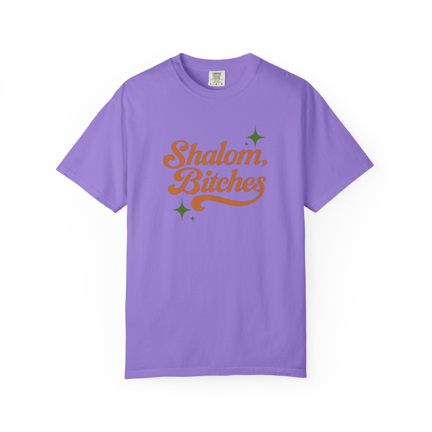 Violet t-shirt with 'Shalom, Bitches' text on a white background