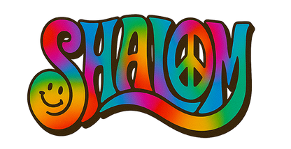 Colorful 'Shalom' text with a smiley face on a white background