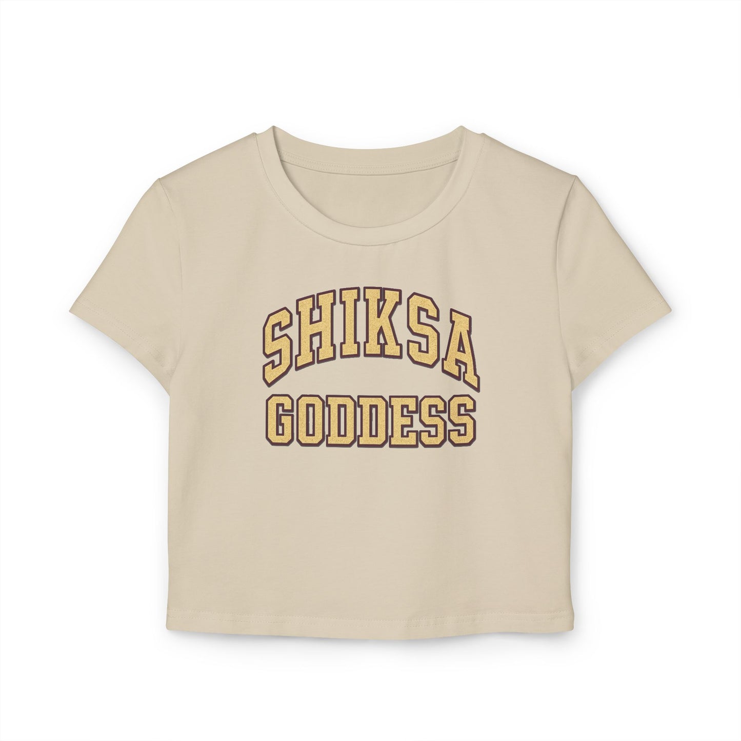 Beige t-shirt with 'SHIKSA GODDESS' text on a white background