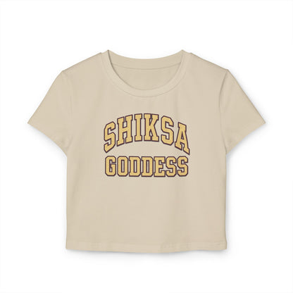 Beige t-shirt with 'SHIKSA GODDESS' text on a white background