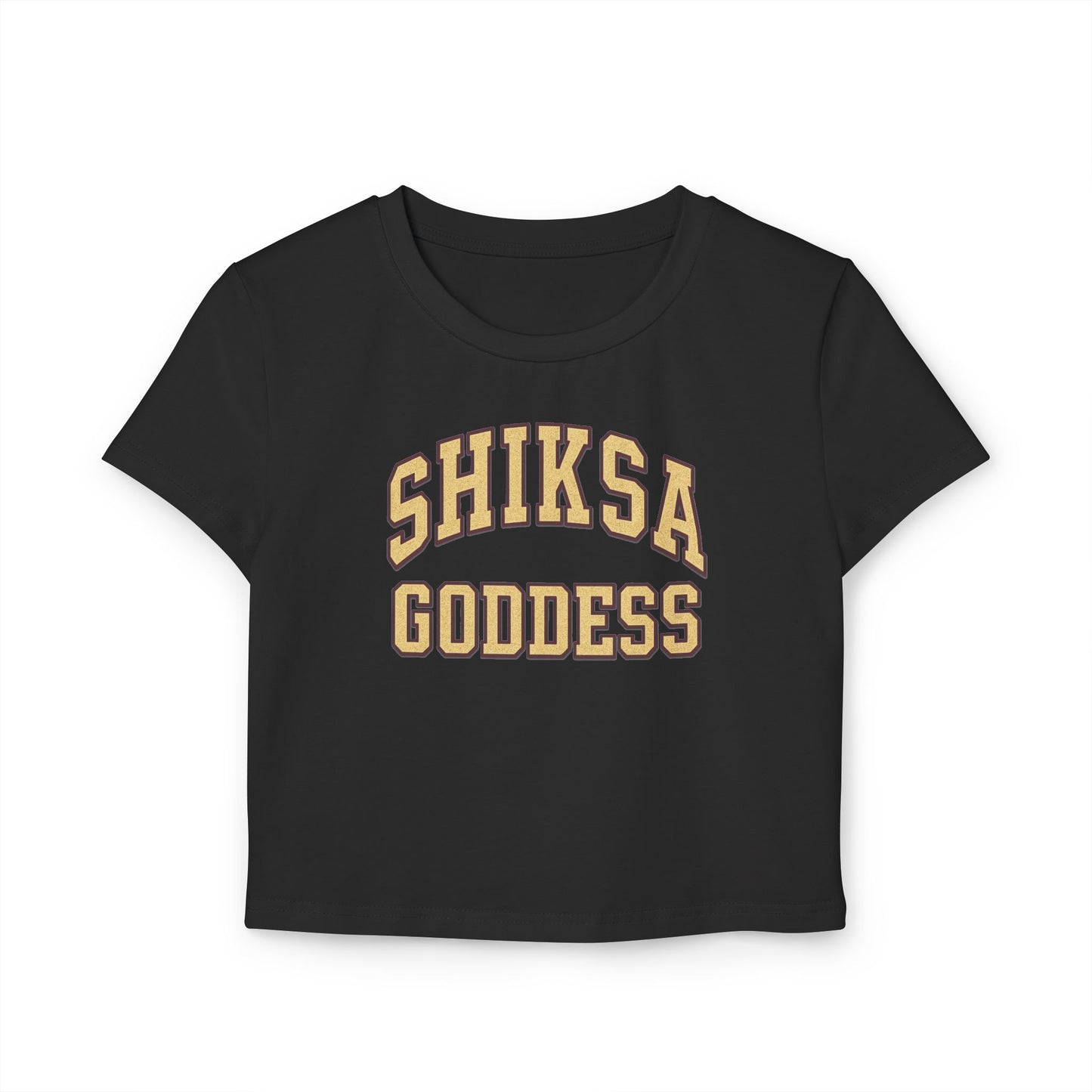 Black t-shirt with 'SHIKSA GODDESS' text in gold on a white background