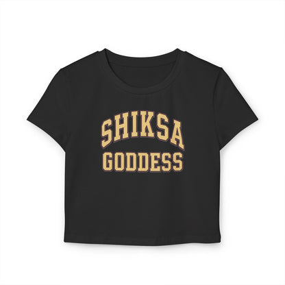 Black t-shirt with 'SHIKSA GODDESS' text in gold on a white background