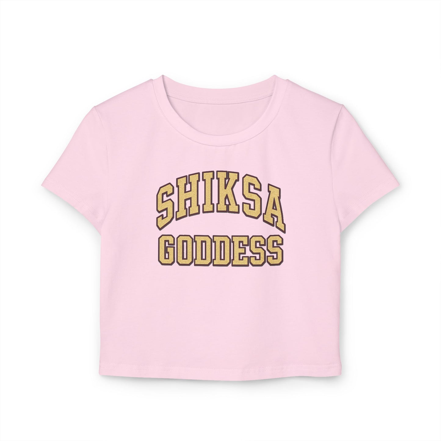 Pink t-shirt with 'SHIKSA GODDESS' text on a white background