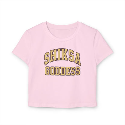 Pink t-shirt with 'SHIKSA GODDESS' text on a white background