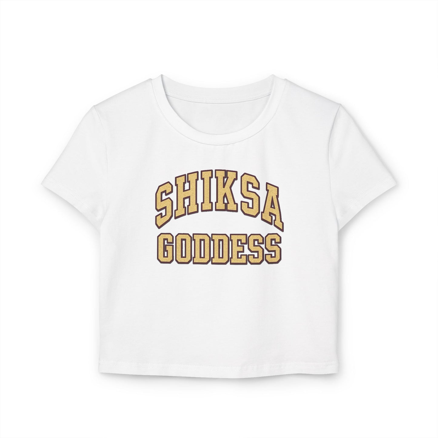 White t-shirt with 'SHIKSA GODDESS' text in gold on a white background