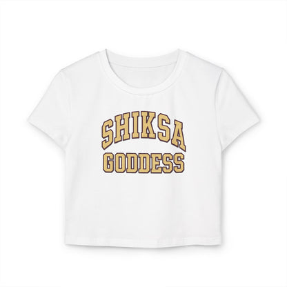 White t-shirt with 'SHIKSA GODDESS' text in gold on a white background