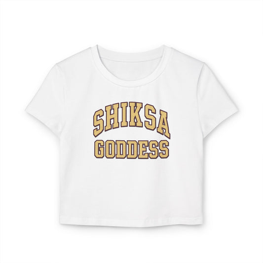 White t-shirt with 'SHIKSA GODDESS' text in gold on a white background