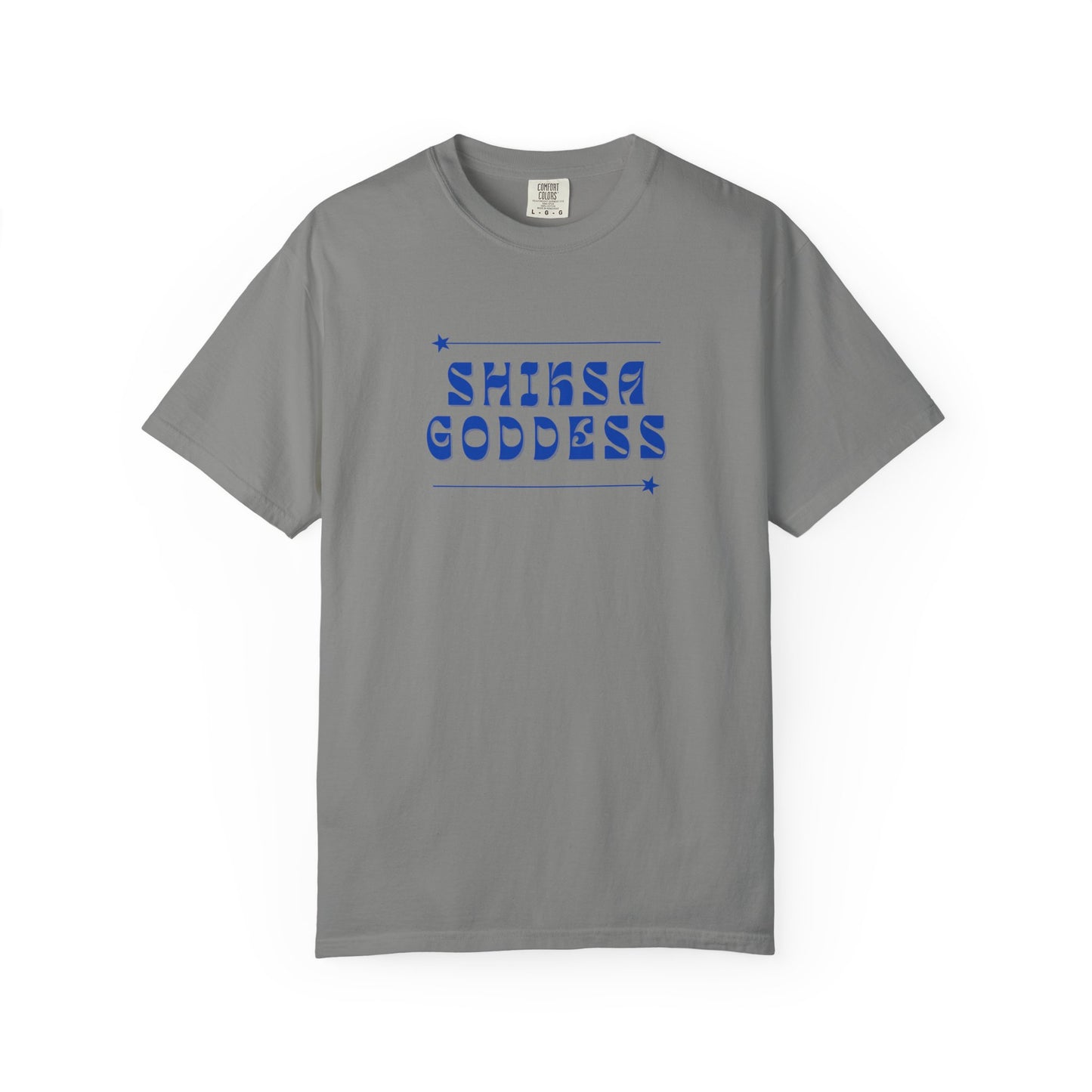 Gray t-shirt with blue text 'SHINKA GODDESS' on a white background