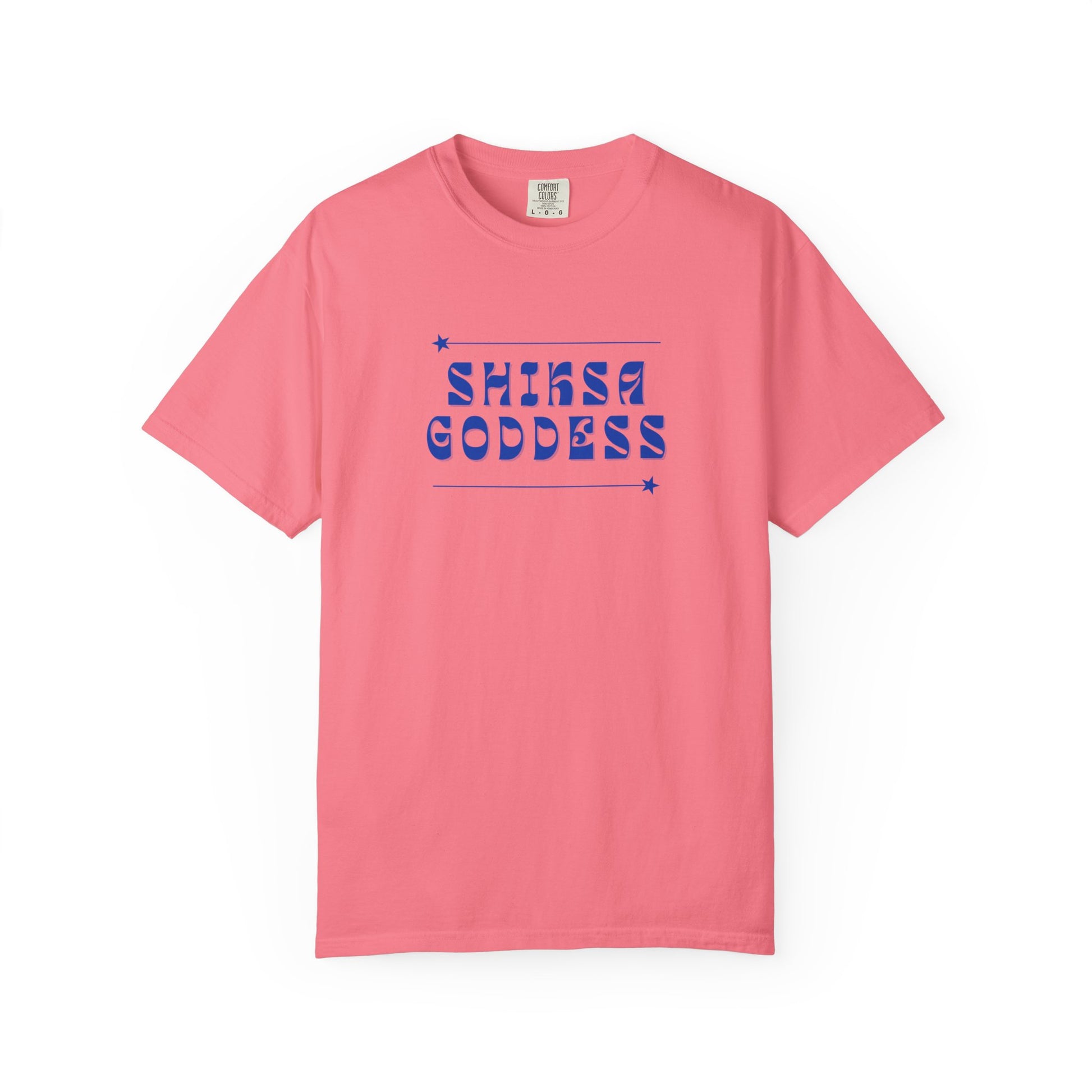 Pink t-shirt with 'SHINKA GODDESS' text on a white background