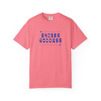 Pink t-shirt with 'SHINKA GODDESS' text on a white background