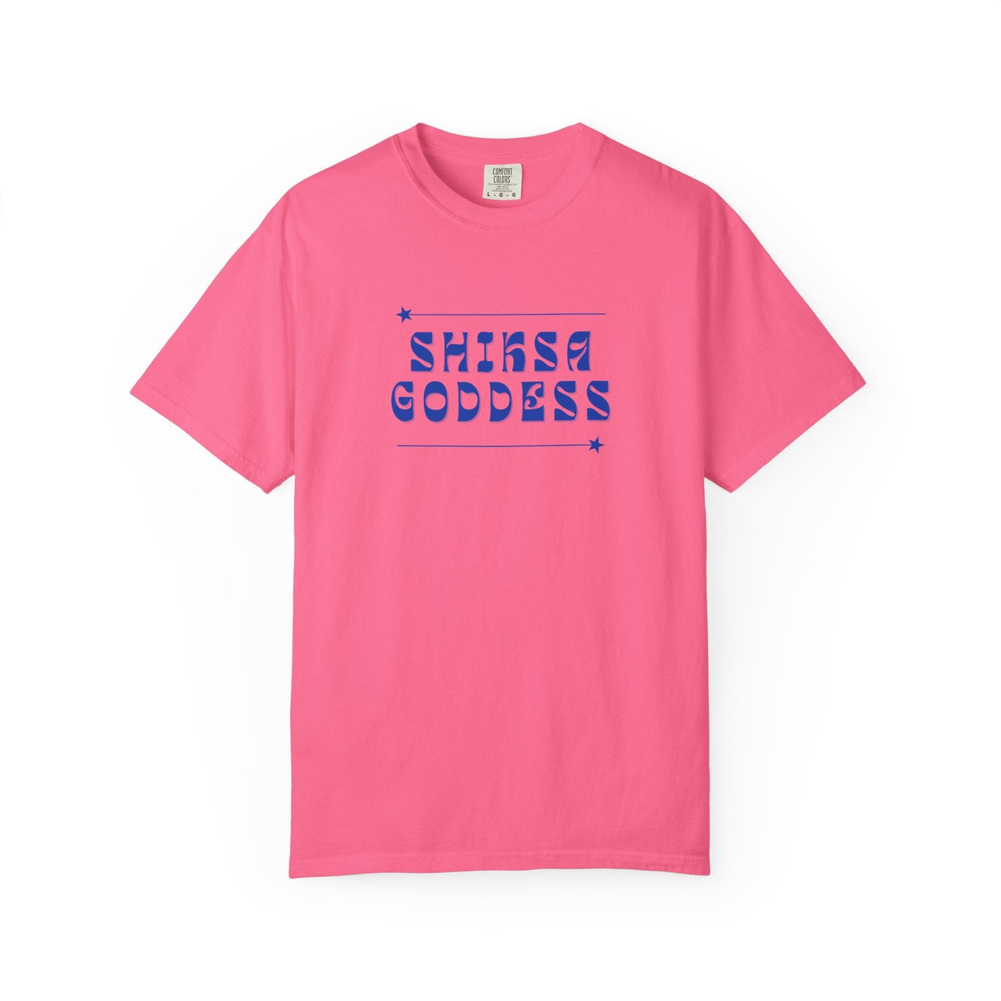 Pink t-shirt with 'SHINKA GODDESS' text on a white background