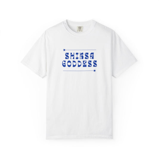 White t-shirt with 'SHIKSA GODDESS' text in blue on a white background