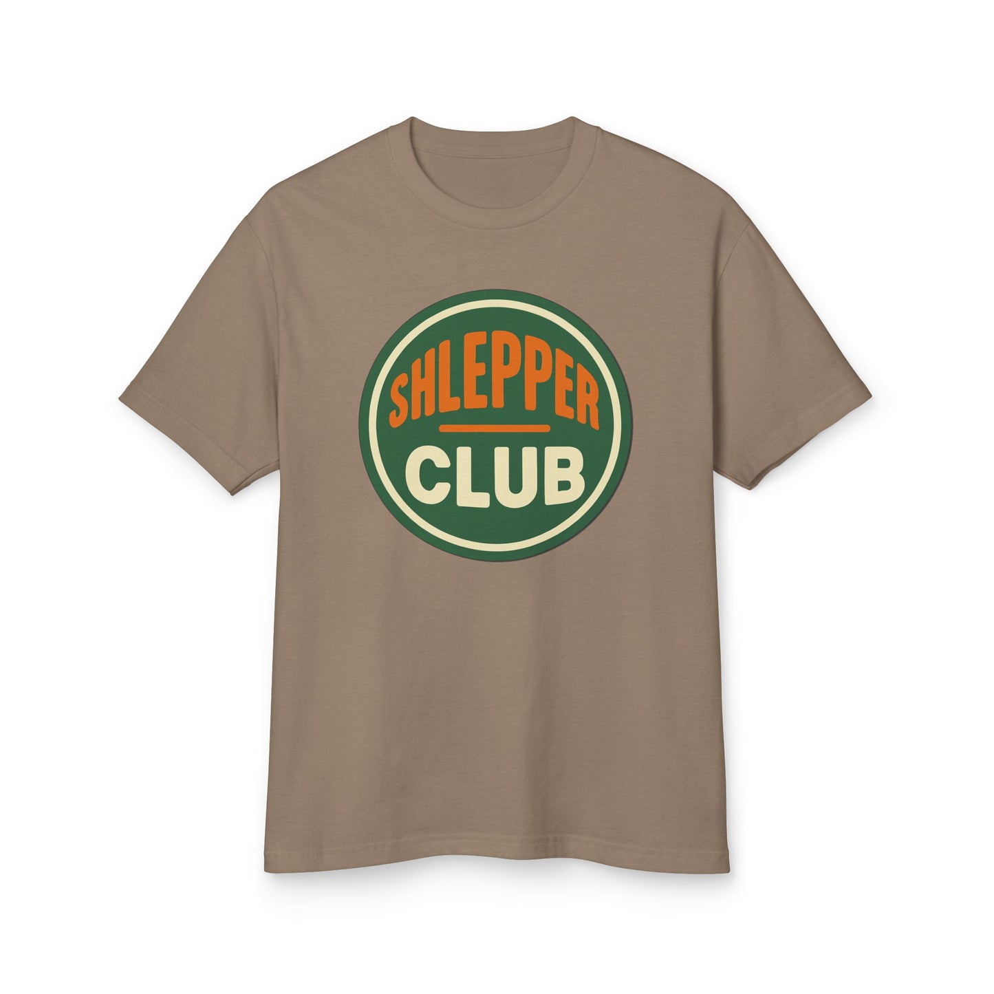 Brown t-shirt with 'Shlepper Club' logo on a white background