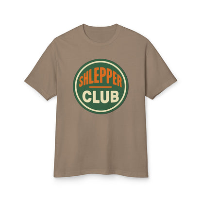 Brown t-shirt with 'Shlepper Club' logo on a white background