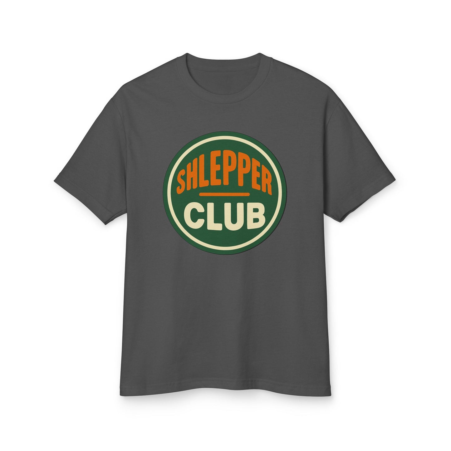 Gray t-shirt with 'Shlepper Club' logo on a white background