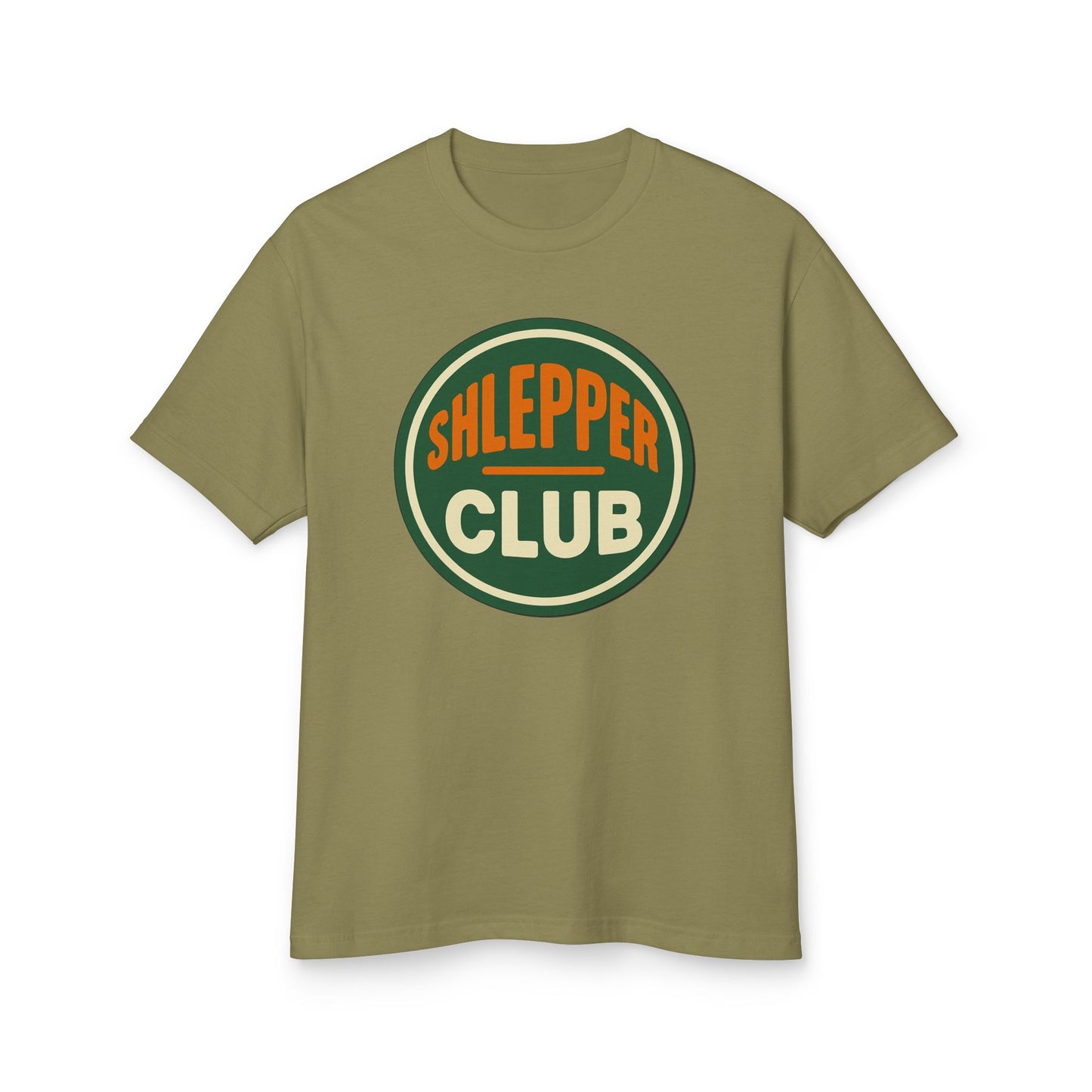 Green t-shirt with 'Shlepper Club' logo on a white background