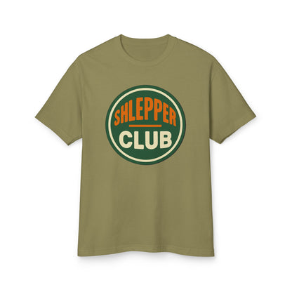 Green t-shirt with 'Shlepper Club' logo on a white background