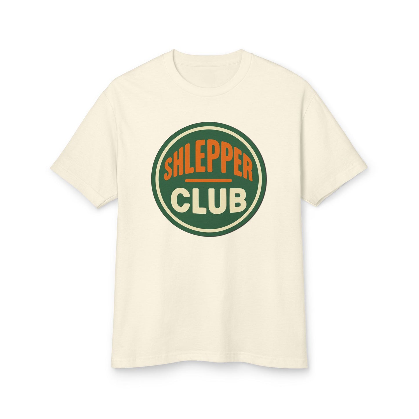 Beige t-shirt with 'Shlepper Club' logo on a white background