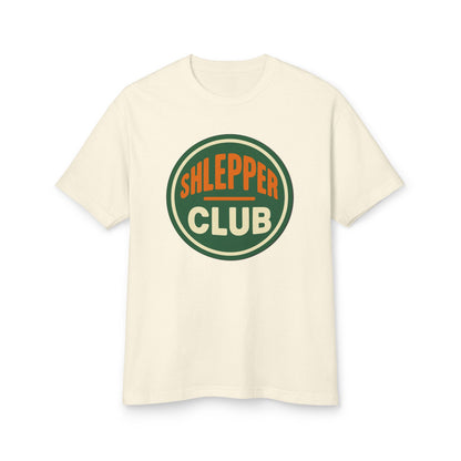 Beige t-shirt with 'Shlepper Club' logo on a white background