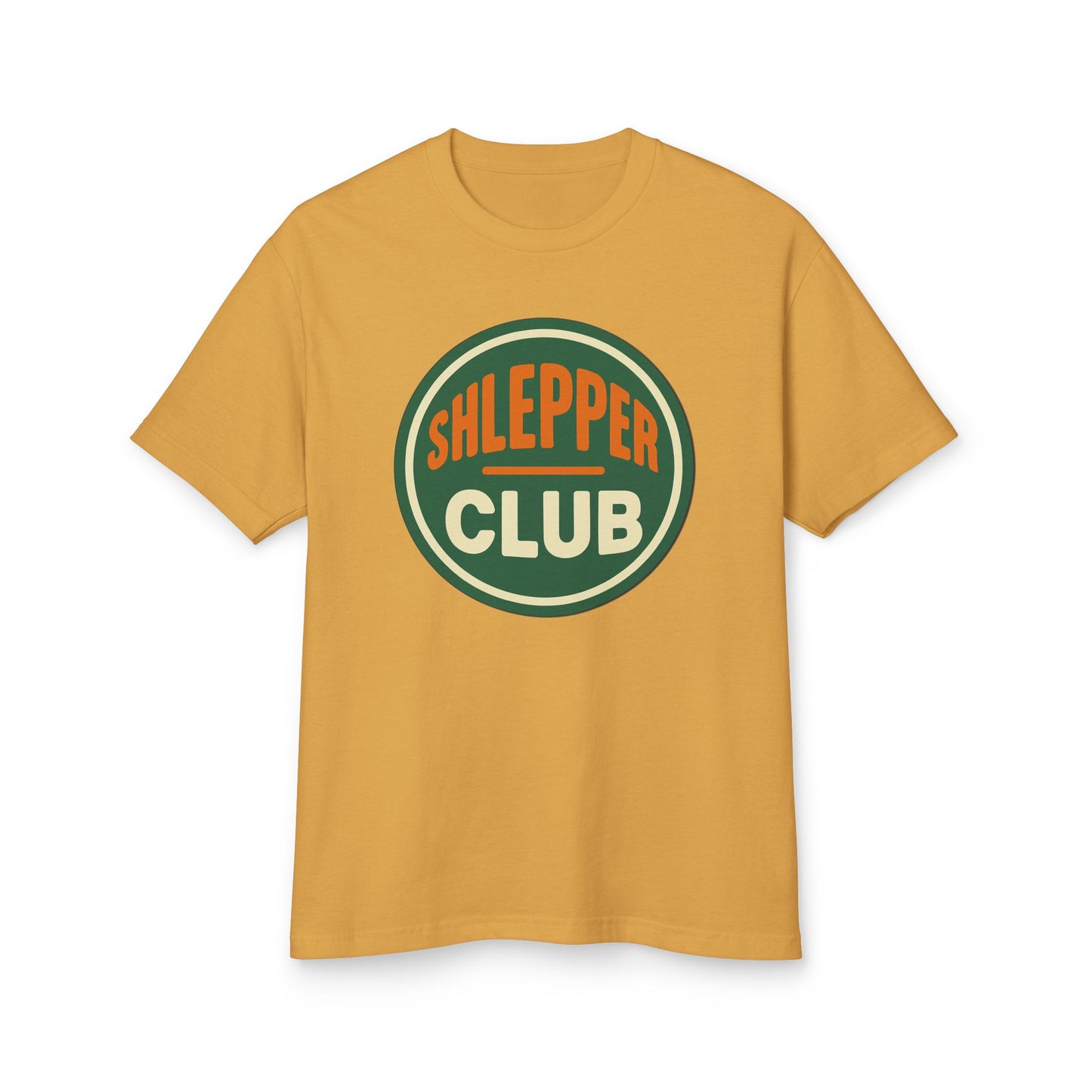 Yellow t-shirt with 'Shlepper Club' logo on a white background