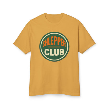 Yellow t-shirt with 'Shlepper Club' logo on a white background