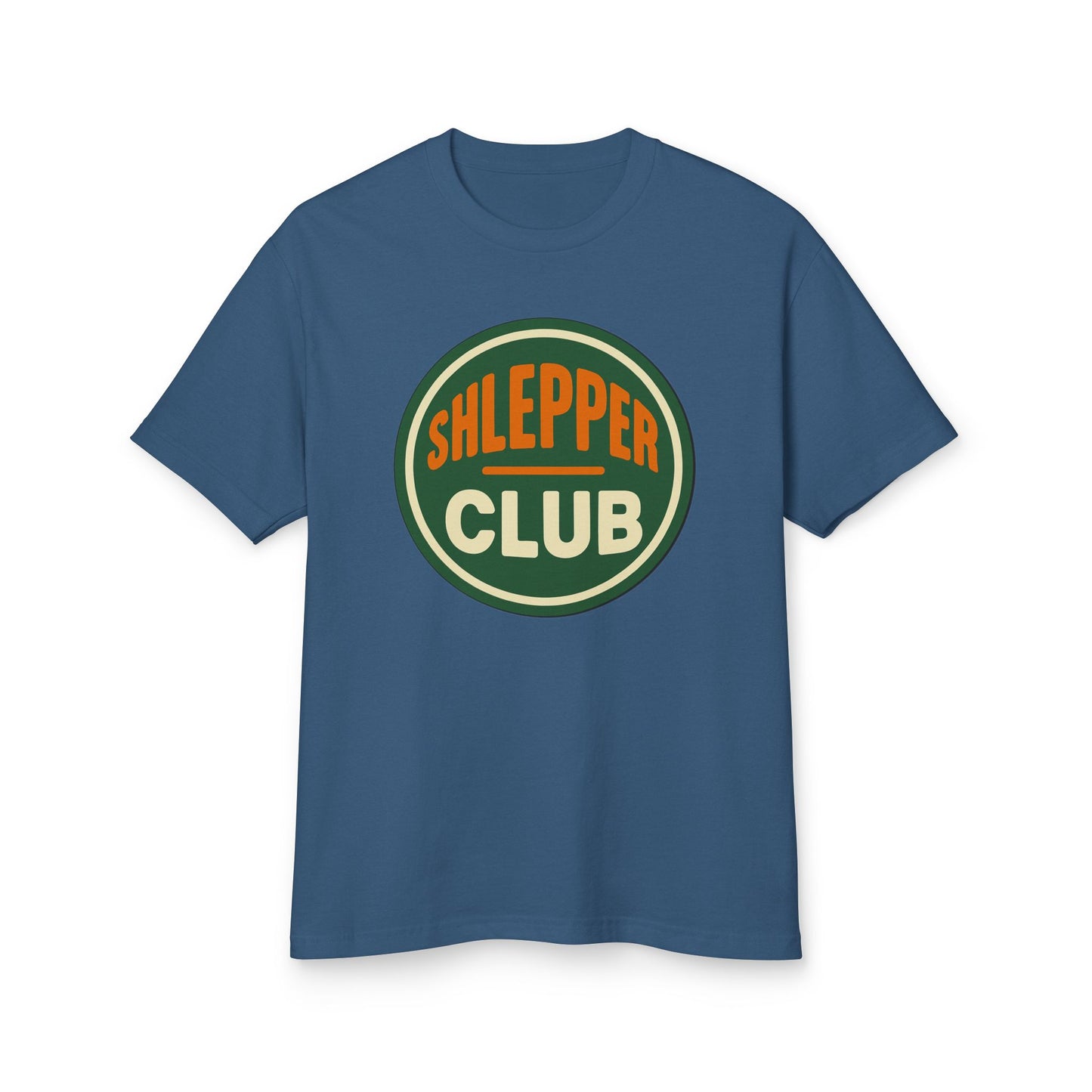 Blue t-shirt with 'Shlepper Club' logo on a white background