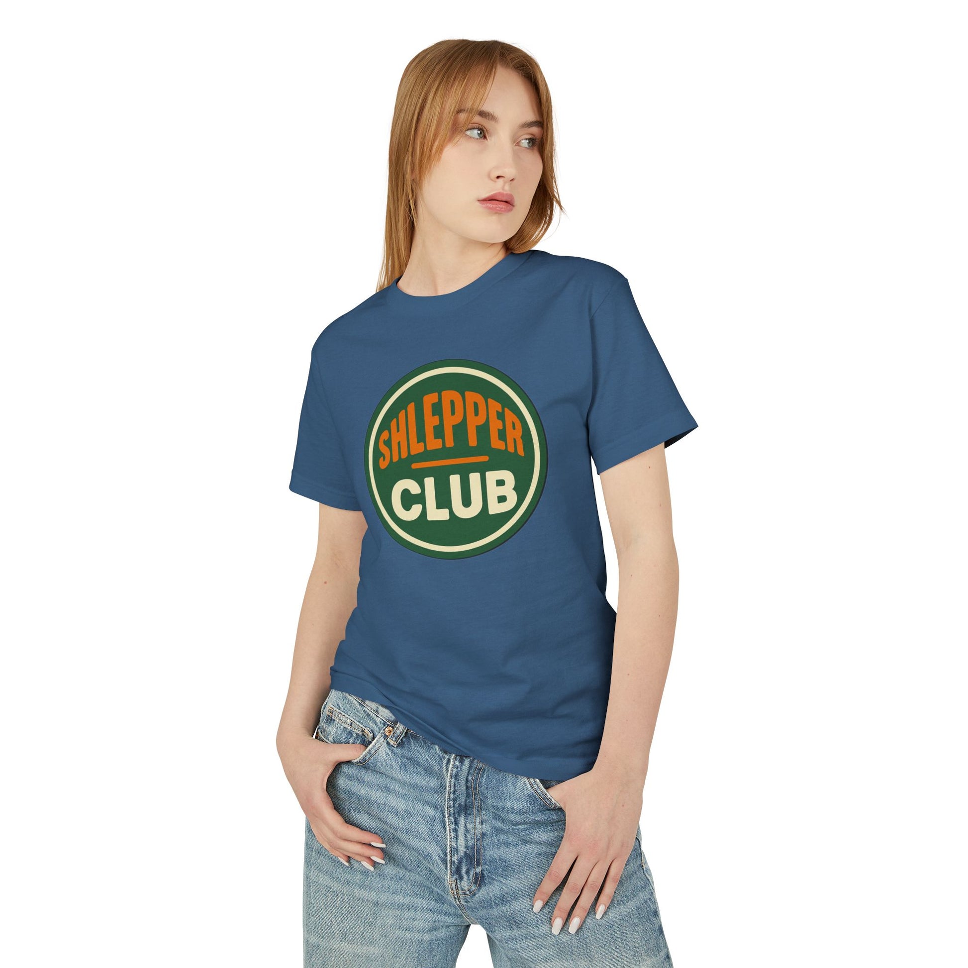 Woman wearing a blue t-shirt with 'Slepper Club' logo on a white background