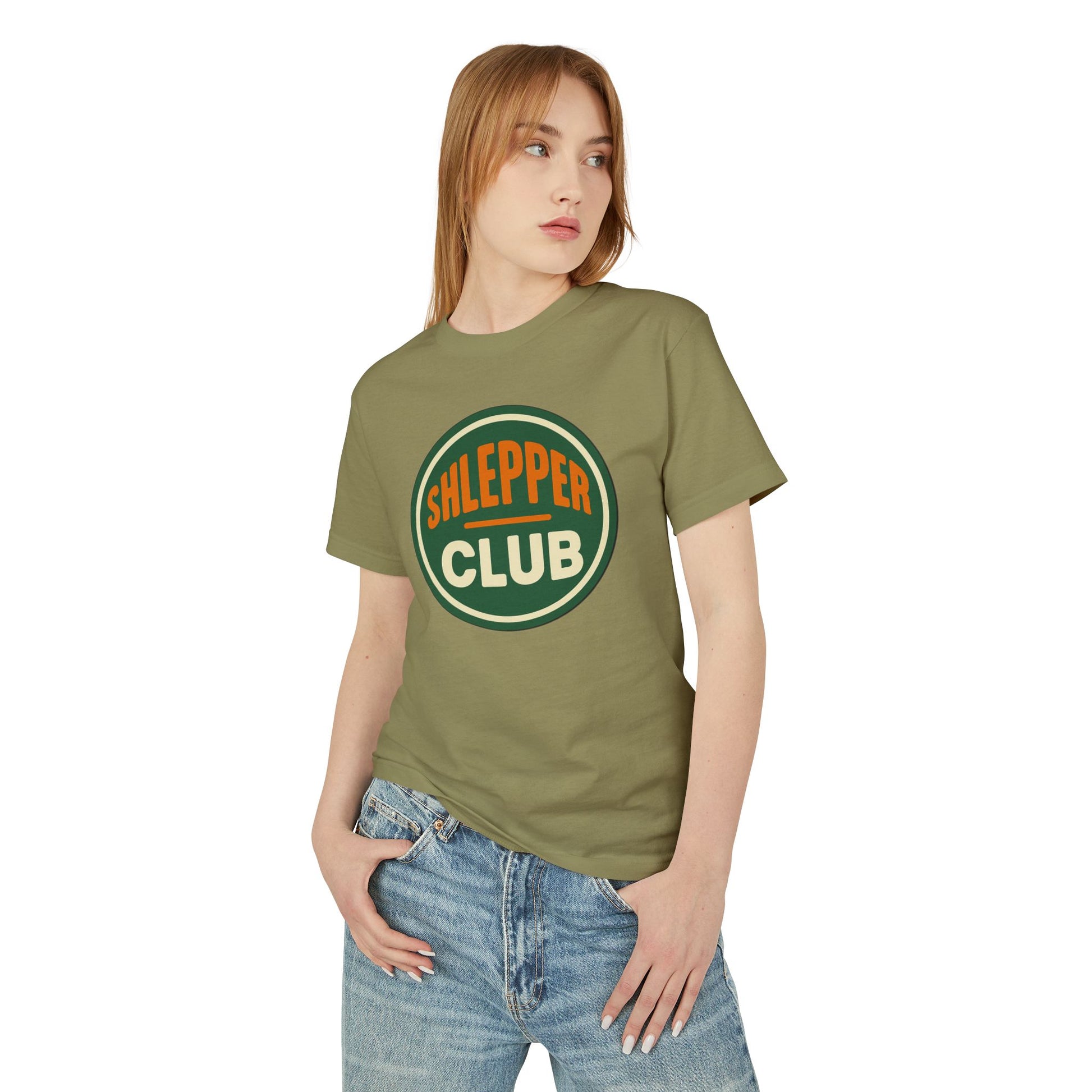 Woman wearing a green t-shirt with 'Sleeper Club' logo on a white background