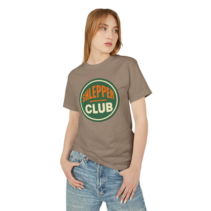 Woman wearing a brown t-shirt with 'Sleeper Club' logo on a white background